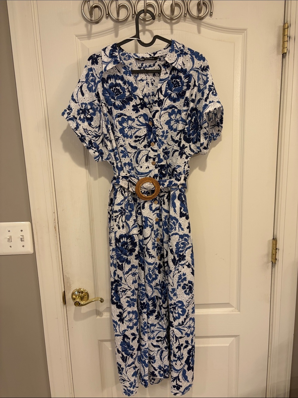 Zara White and Blue Floral Belted Midi Dress